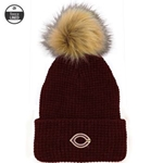 Ww136 Waffle Knit Fleece Lined Hat With Detachable Faux Fur Pom